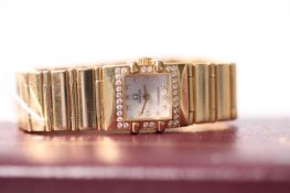 LADIES 18CT OMEGA CONSTELLATION, mother of pearl diamond dot dial, diamond set case, 17mm,