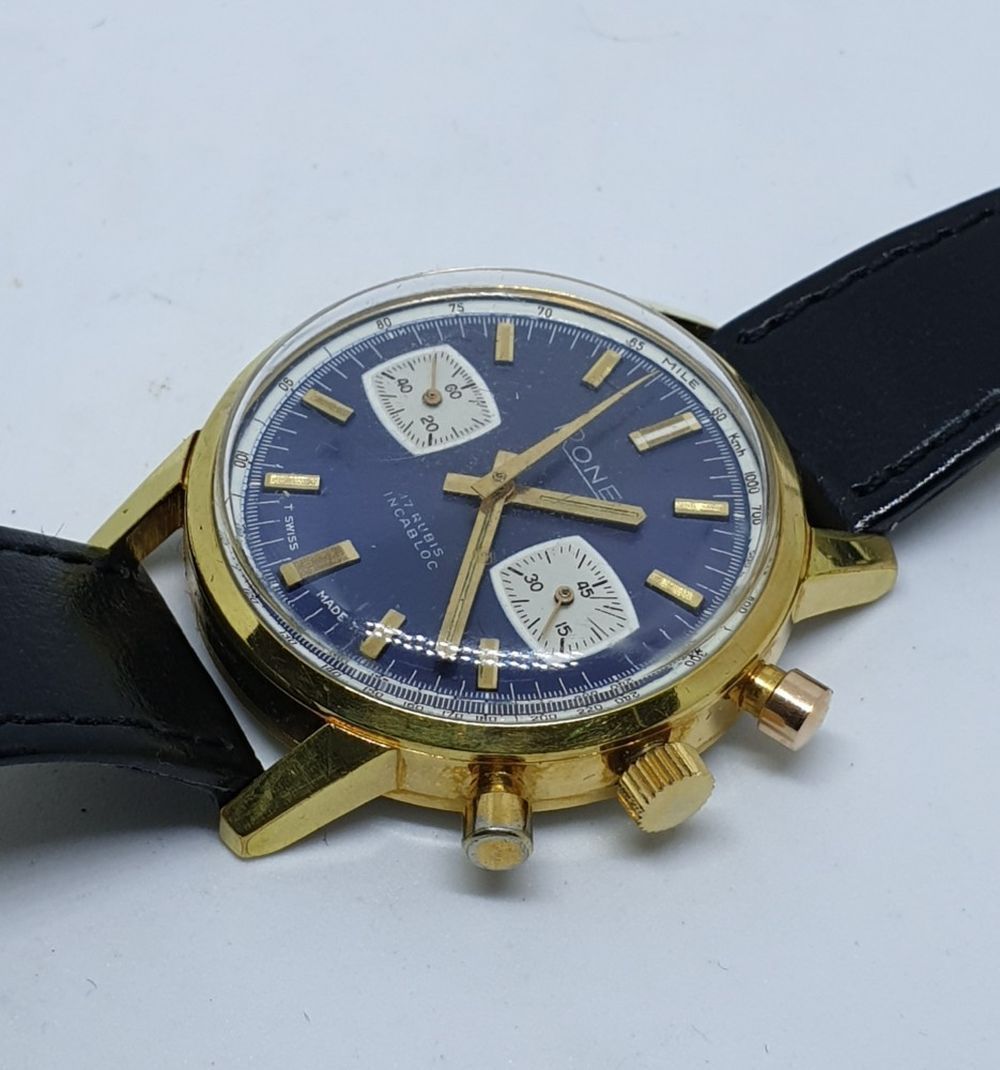 RONE VALJOUX CHRONOGRAPH WITH BLUE DIAL IN GOLD PLATE 1970S. 1970S RONE VALJOUX CHRONOGRAPH WITH - Image 6 of 8
