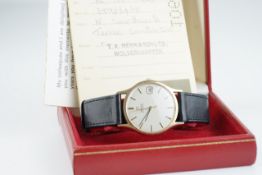 GENTLEMENS OMEGA 9CT GOLD AUTOMATIC WRISTWATCH W/ BOX & PAPERS, circular silver dial with stick hour