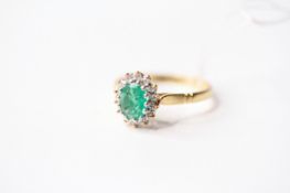 Emerald & Diamond Cluster Ring, stamped 18ct yellow gold, size N1/2, 3g.