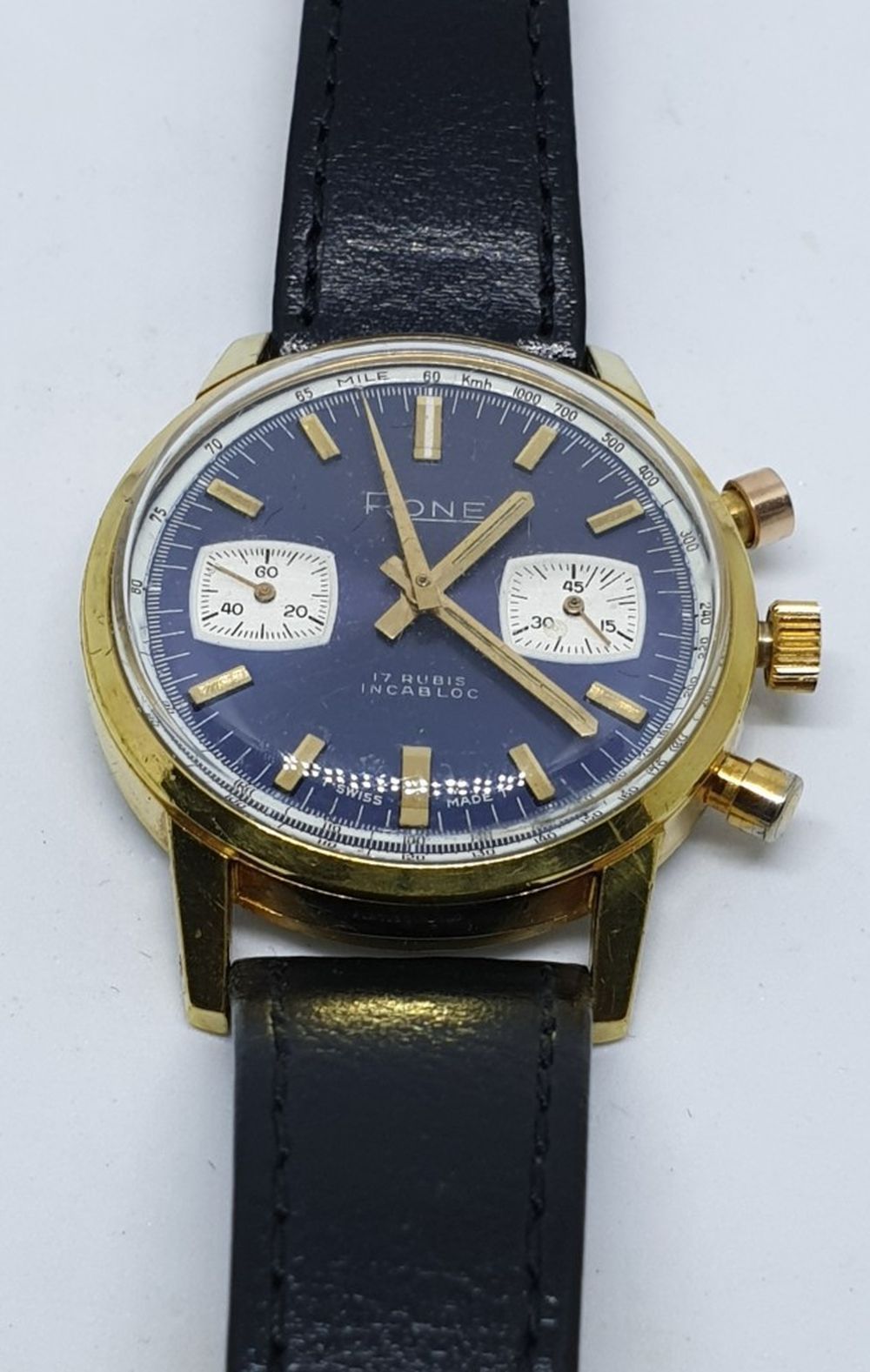 RONE VALJOUX CHRONOGRAPH WITH BLUE DIAL IN GOLD PLATE 1970S. 1970S RONE VALJOUX CHRONOGRAPH WITH - Image 5 of 8