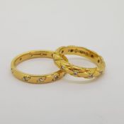 2 x yellow gold diamond set band rings. partial hallmarks present. 8.4g in total. Size Q1/2 and Size