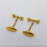 Victorian hand etched gold cuff links with chains. Full 18 carat hallmarks present. 7.5g weight