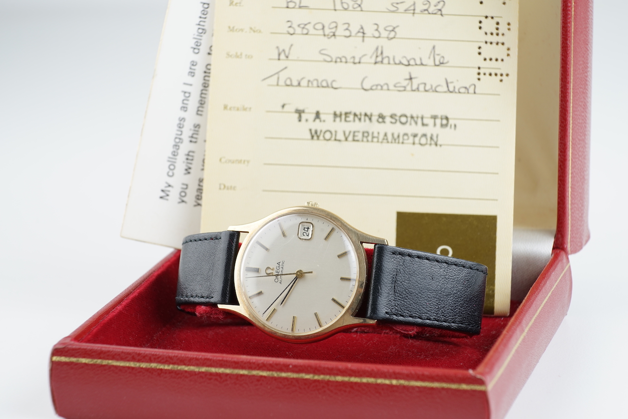 GENTLEMENS OMEGA 9CT GOLD AUTOMATIC WRISTWATCH W/ BOX & PAPERS, circular silver dial with stick hour - Image 2 of 2