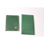 2x Rolex Leather Wallets, one green with gilt corner detail, 14.5x10.5cm, the other green lizard