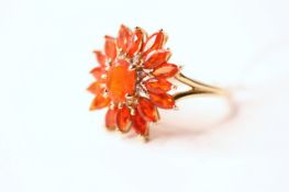 Fire Opal Cluster Ring, stamped 14ct yellow gold, size S, 4.55g