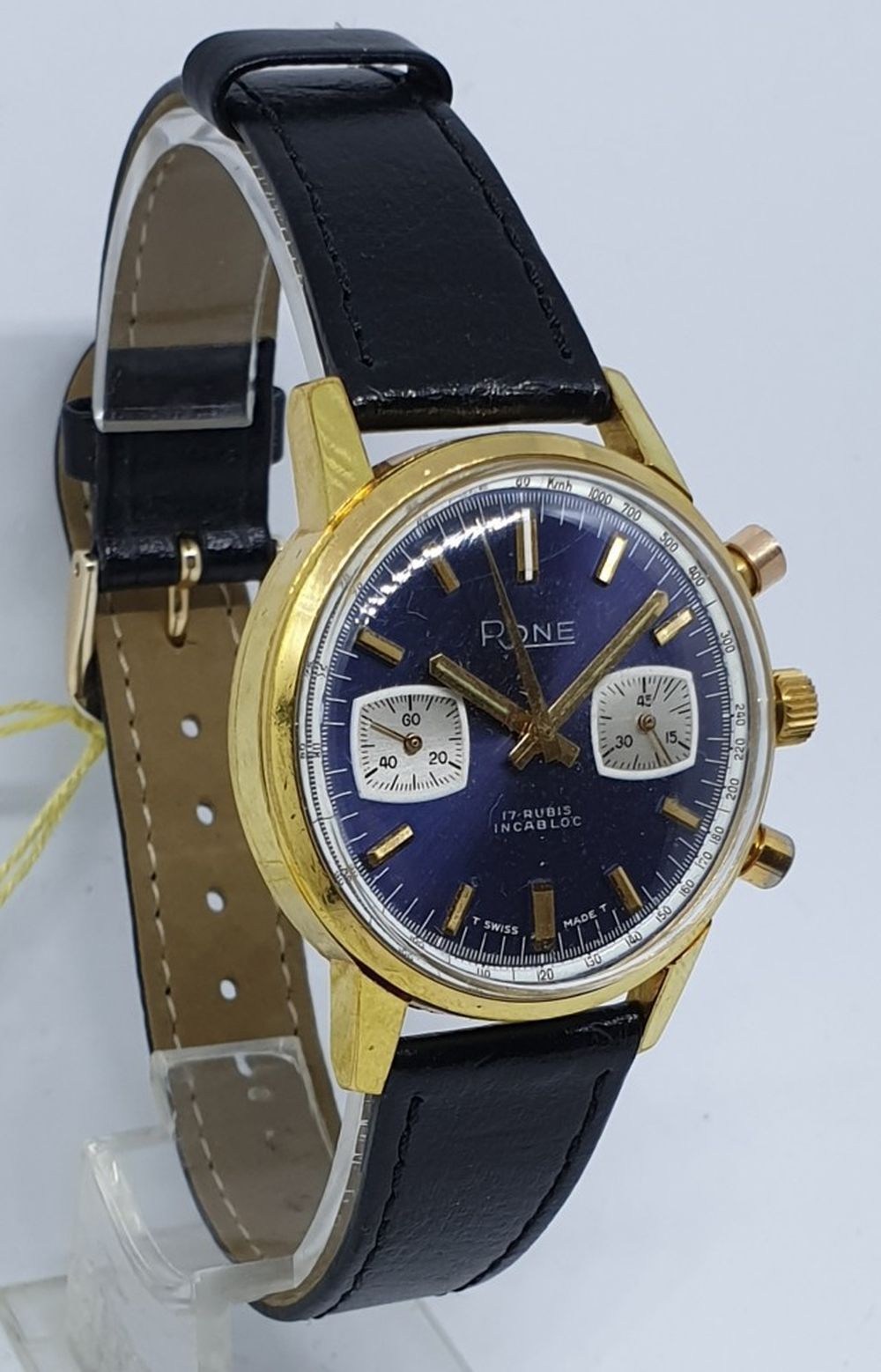 RONE VALJOUX CHRONOGRAPH WITH BLUE DIAL IN GOLD PLATE 1970S. 1970S RONE VALJOUX CHRONOGRAPH WITH - Image 2 of 8