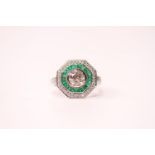 Certificated 14ct white gold octagonal diamond and emerald double halo ring. Central RBC diamond 1.