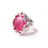 Ruby & Diamond Ring W/Box, set with an oval cut ruby, held in by diamond set floral design, size O.