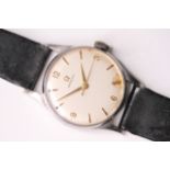 OMEGA VINTAGE WRISTWATCH, circular silver dial with hour markers and arabic numbers 3, 6, 9 and