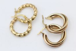 2 x 9ct gold tricolor and rope twist hoop earrings 4.2 grams gross