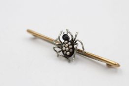 9ct Gold bar true vintage spider brooch w/ seed pearl 2.6 grams gross