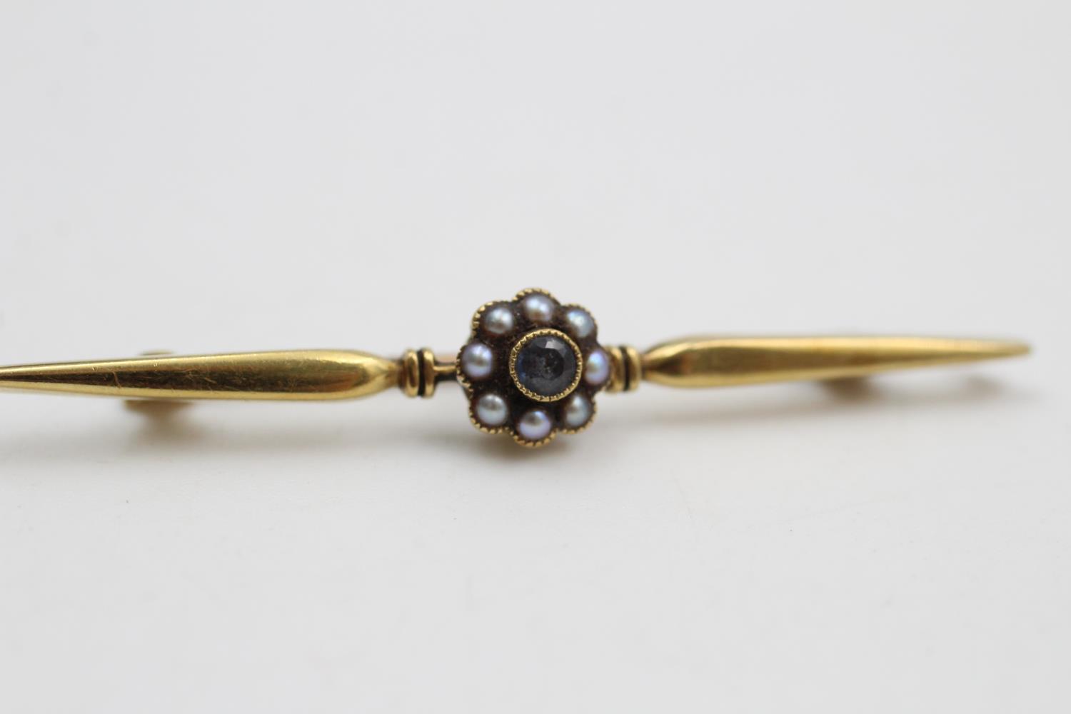 15ct gold antique sapphire & seed pearl halo bar brooch 3.8 grams gross - Image 2 of 5