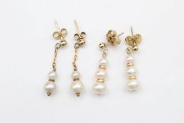 2 x 9ct Gold earrings inc. pearl, drop 2.4 grams gross