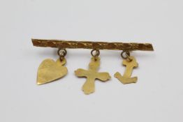 9ct gold antique love, faith, charity charm brooch 2 grams gross