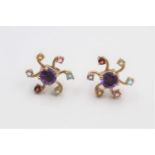 9ct Gold gemstone statement stud earrings inc. amethyst 1.8 grams gross