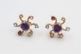 9ct Gold gemstone statement stud earrings inc. amethyst 1.8 grams gross