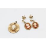 2 x 9ct gold cameo drop earrings and pendant 3.5 grams gross