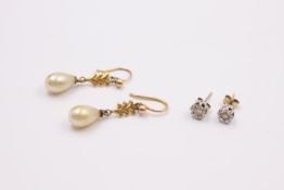 9ct gold diamond & faux pearl stud & dangle earrings 3 grams gross