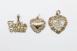 3 x 9ct Gold pendants inc. bridesmaid, ornate 2.6 grams gross