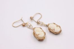 9ct gold vintage cameo drop earrings 3.2 grams gross