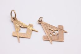 9ct gold antique compass and square pendants BIRMINGHAM 1901 & 1912, One by WILLIAM WALTER