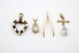 4 x 9ct gold gemstone pendants and wishbone pendant 3.5 grams gross