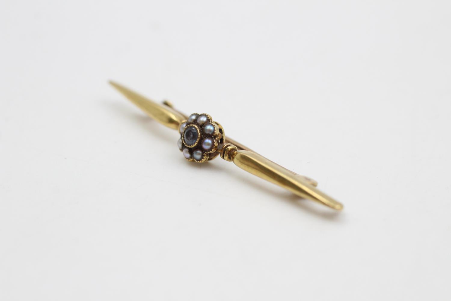 15ct gold antique sapphire & seed pearl halo bar brooch 3.8 grams gross - Image 3 of 5