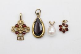 3 x 9ct Gold pendants inc. garnet, pearl, ornate 3.9 grams gross