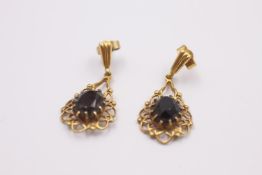 9ct gold smoky quartz ornate drop earrings 3.1 grams gross