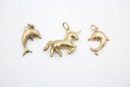 3 x 9ct gold dolphin and unicorn pendants 1.5 grams gross