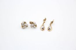 2 x 9ct gold diamond knot and diamond and sapphire drop earrings 2.4 grams gross