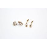 2 x 9ct gold diamond knot and diamond and sapphire drop earrings 2.4 grams gross