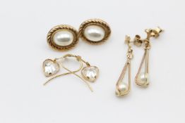 3 x 9ct gold pearl and gemstone earrings 2.6 grams gross