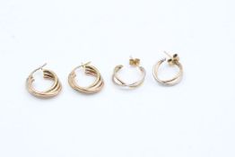 2 x 9ct Gold hoop earrings inc. tri-tone, twisted 3.6 grams gross