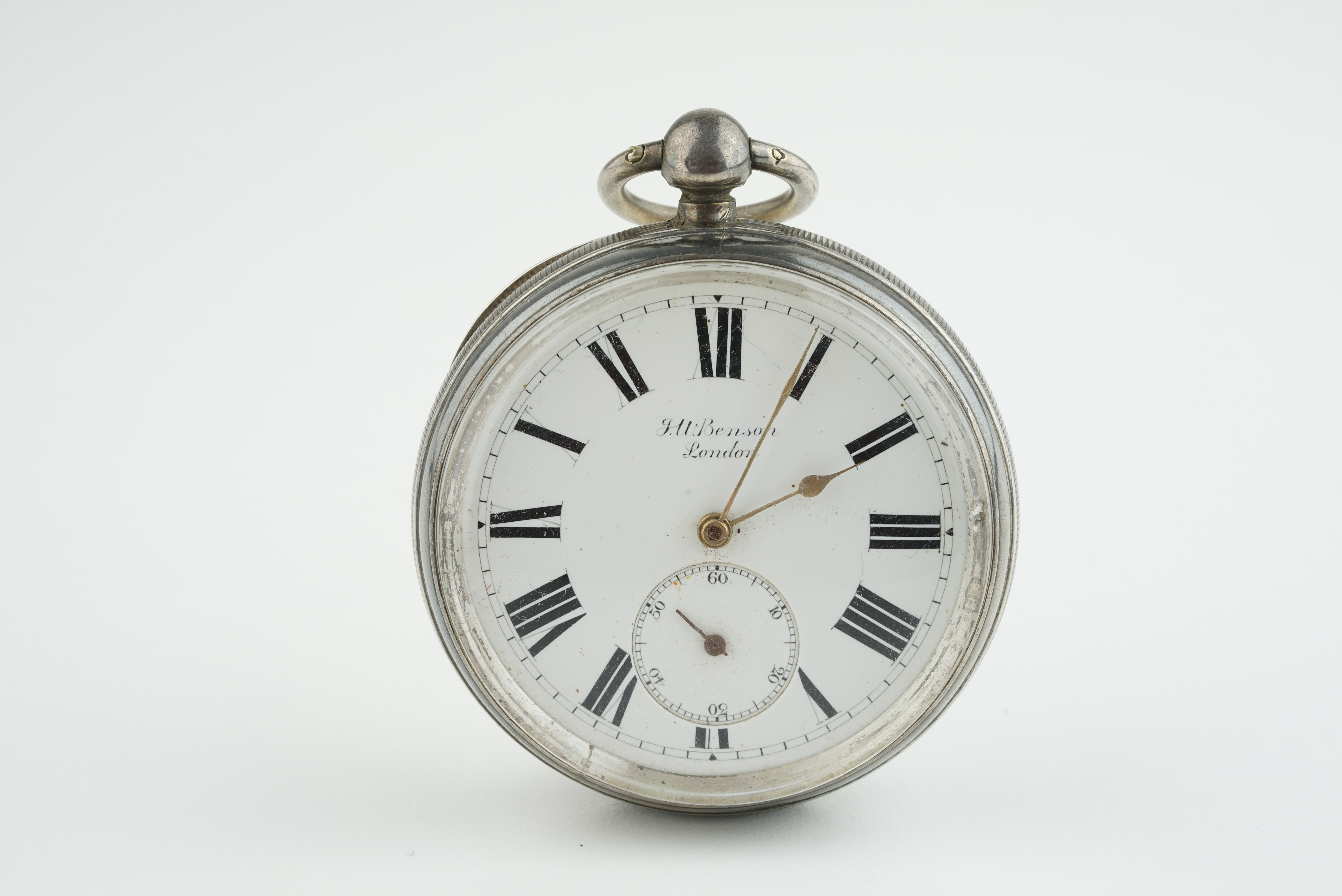 VINTAGE J W BENSON SILVER POCKET WATCH, circular white dial with roman numeral hour markers and