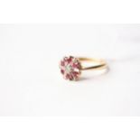 Ruby & Diamond Cluster Ring, stamped 18ct yellow gold, size L, 3.35g.