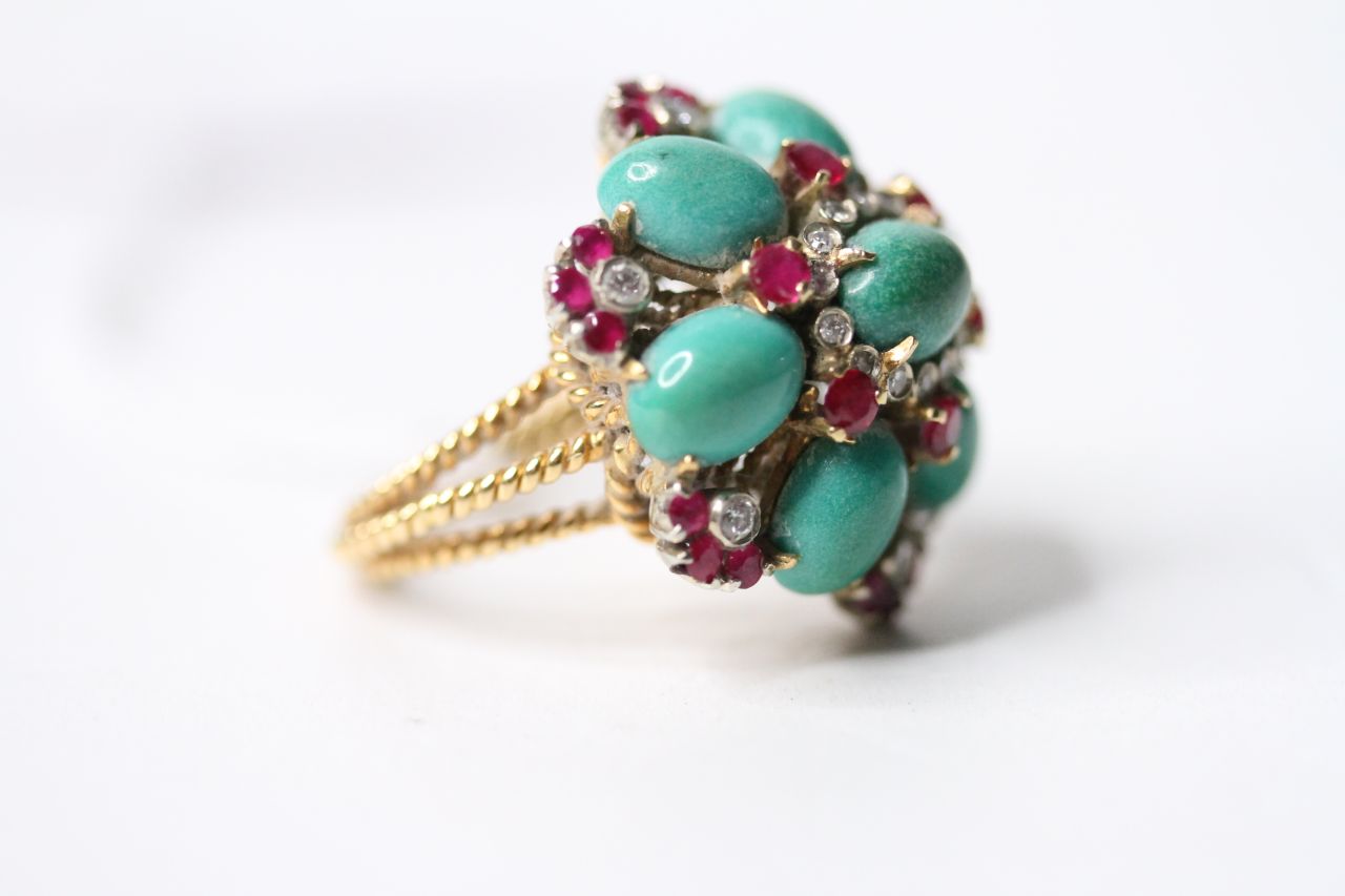 Turquoise, Ruby & Diamond Ring, size M, 12.5g. - Image 2 of 3