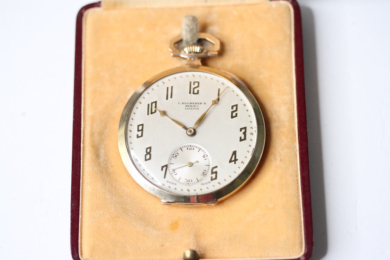 RARE 9CT C.BUCHERER'S ROLEX POCKET WATCH WITH BOX, circular silver dial with Art Deco arabic numeral - Image 2 of 5