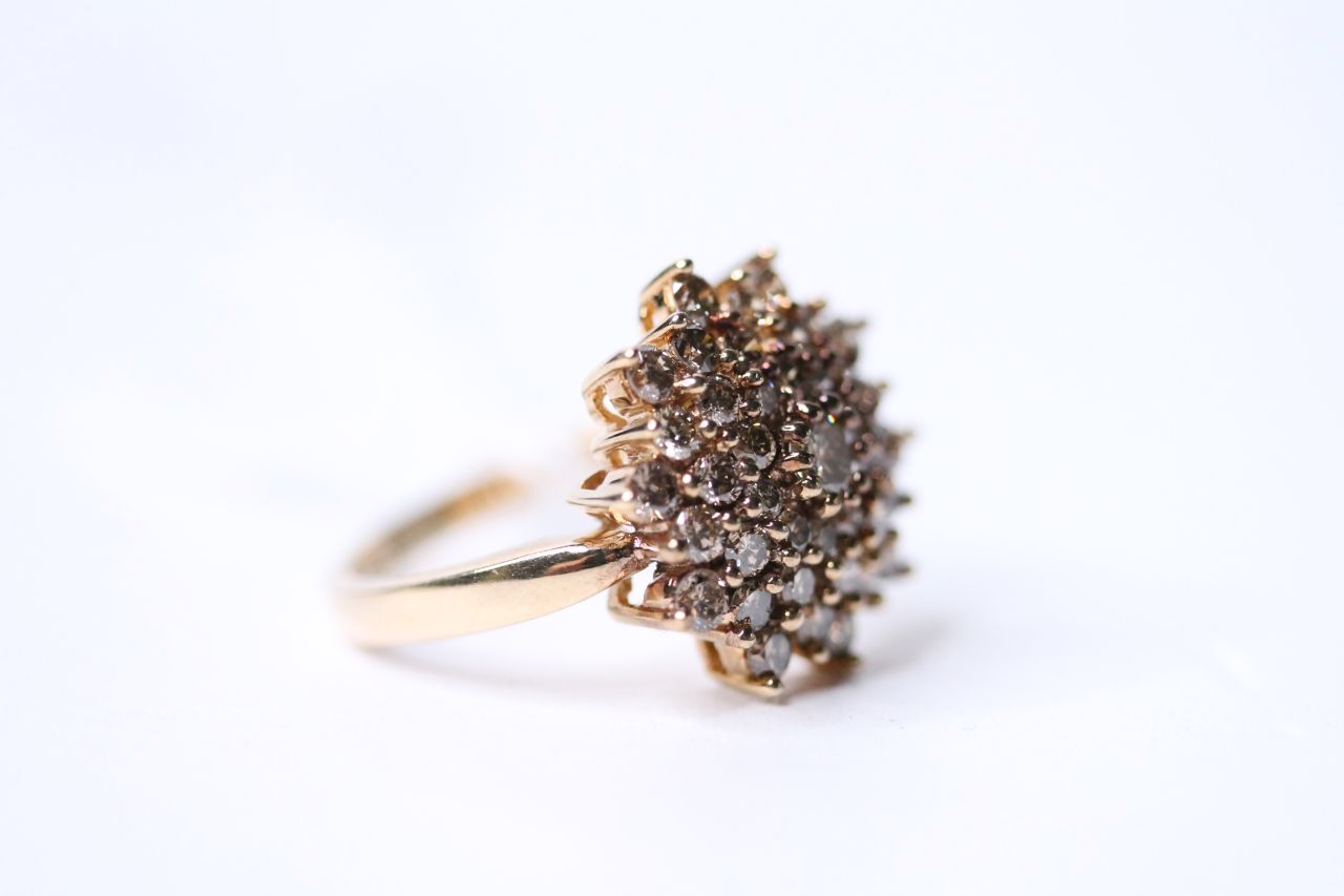 Cinnamon Diamond Cluster Ring, stamped 9ct yellow gold, size P, diamond total 1.95ct, 6.4g. - Image 2 of 3