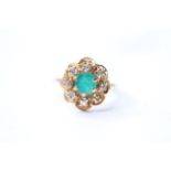Emerald & Diamond Cluster Floral Ring, 14ct yellow gold, size L, 4.6g.
