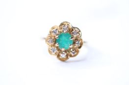 Emerald & Diamond Cluster Floral Ring, 14ct yellow gold, size L, 4.6g.