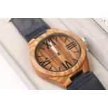 STERILE DIAL WOODEN CASE QUARTZ WRIST WATCH, wooden dial with roman numeral hour markers, 45mm