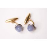 Pair Of Cabochon Chalcedony Cufflinks, each set with a cabochon cut chalcedony, 18ct gold