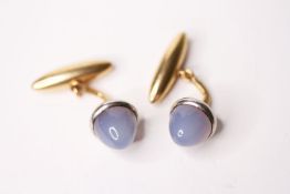 Pair Of Cabochon Chalcedony Cufflinks, each set with a cabochon cut chalcedony, 18ct gold