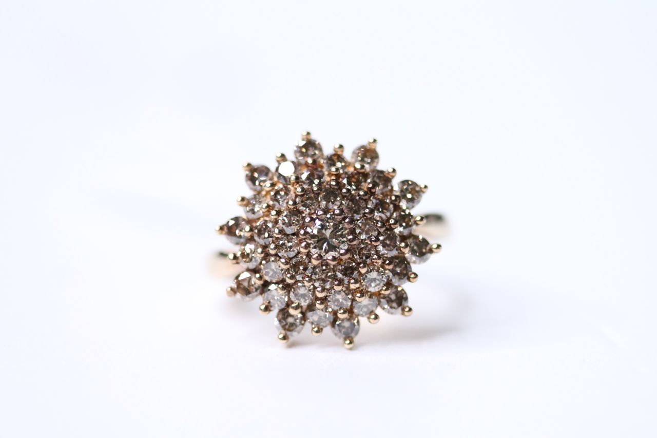 Cinnamon Diamond Cluster Ring, stamped 9ct yellow gold, size P, diamond total 1.95ct, 6.4g.