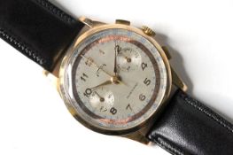 VINTAGE 18CT TELDA CHRONOGRAPH CIRCA 1950s, circular silver dial with bronze outer minutes track,