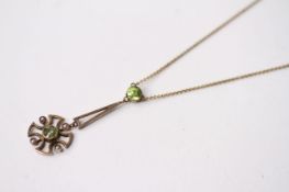 Peridot & Pearl Necklace, chain approximately 42cm, stamped 9ct yellow gold, 2.2g.