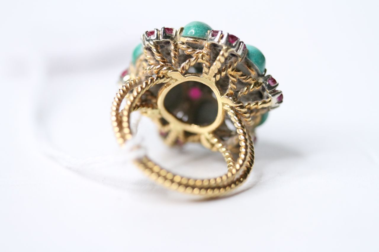 Turquoise, Ruby & Diamond Ring, size M, 12.5g. - Image 3 of 3