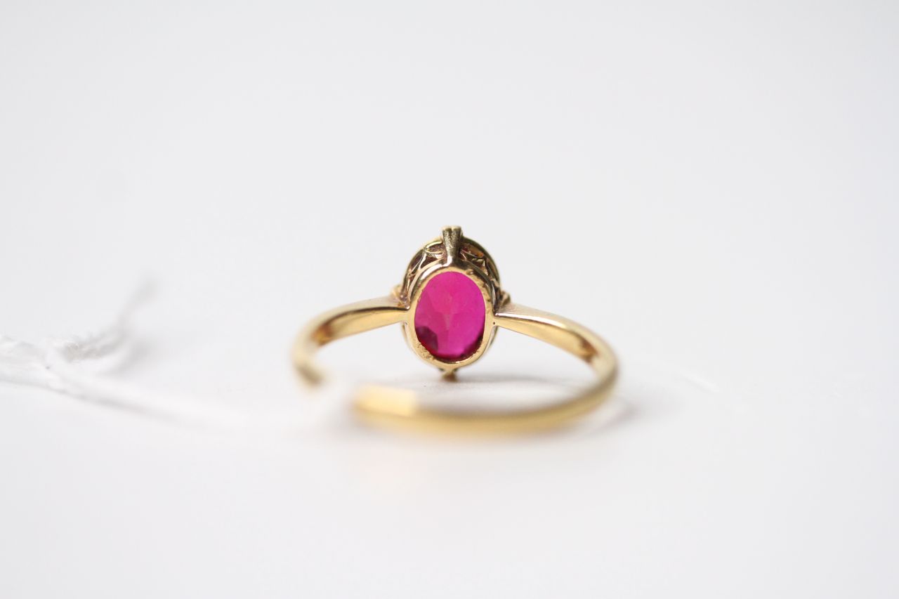 Ruby Solitaire Ring, oval cut ruby, claw set, stamped 18ct yellow gold, size O, 2.7g. - Image 3 of 3